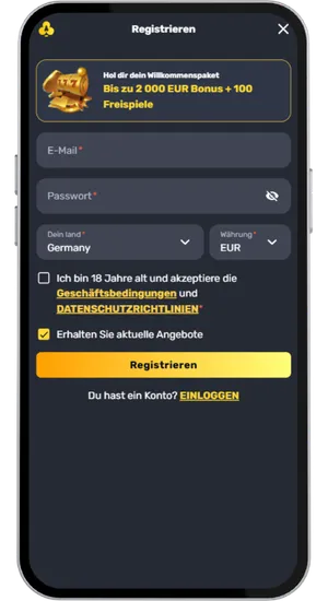 Registrierung beim Casino und Einzahlung zwischen €10 und €20 per Bankkarte, Klarna oder Paysafecard