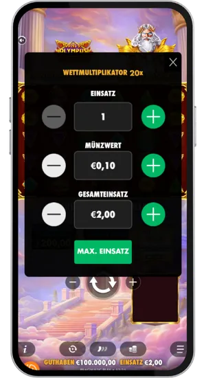 Einsatzgröße in den slot zwischen €0,20 und €240 pro Spin über die Einsatzleiste einstellen
